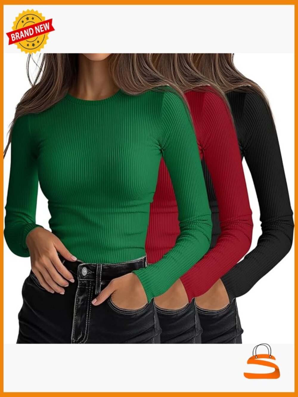 3 Pack Ribbed Long Sleeve Tops Crew Neck Slim Fit Stretch Layering Tees
